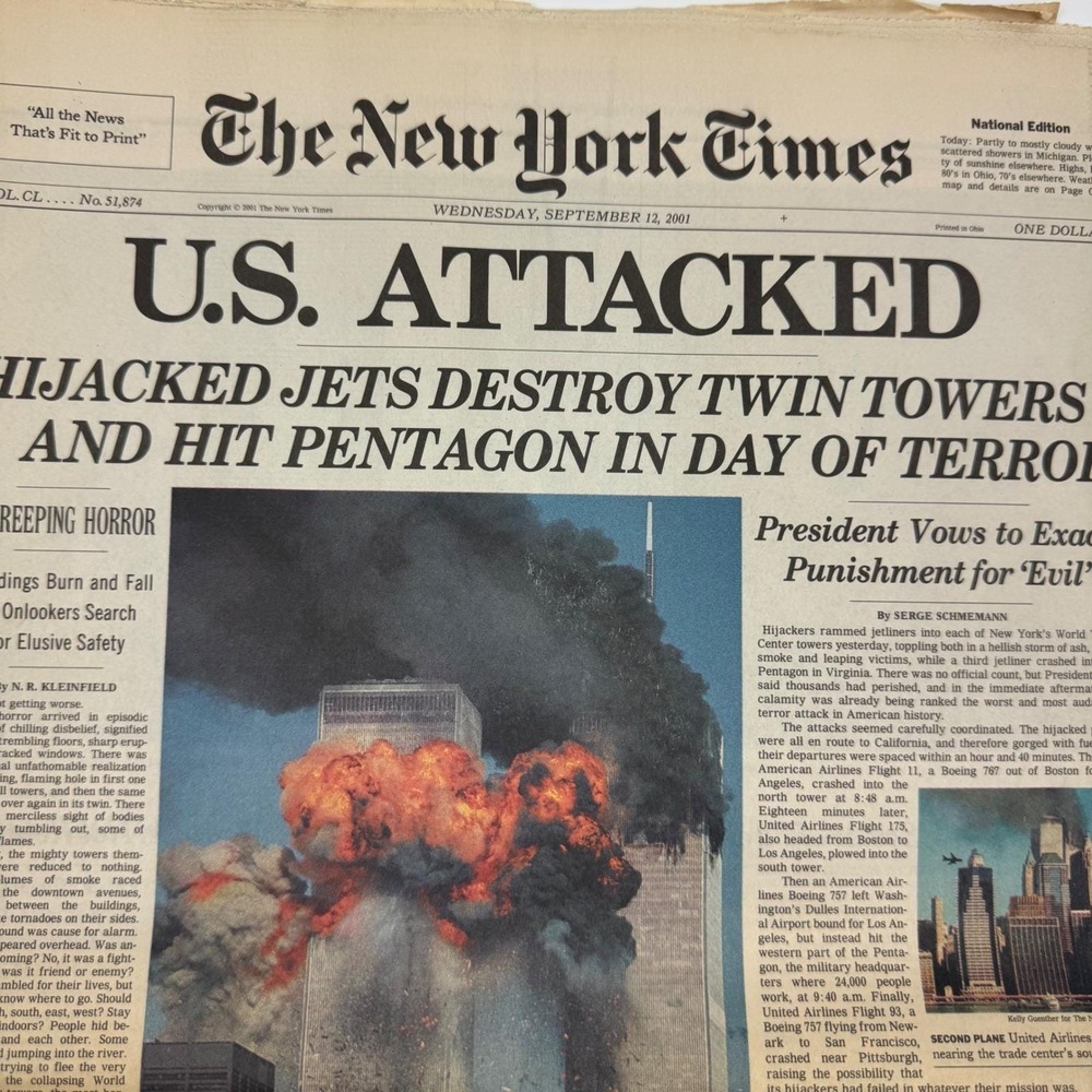 The New York Times September 12 2001 US Attacked 9/11 Newspaper Complete